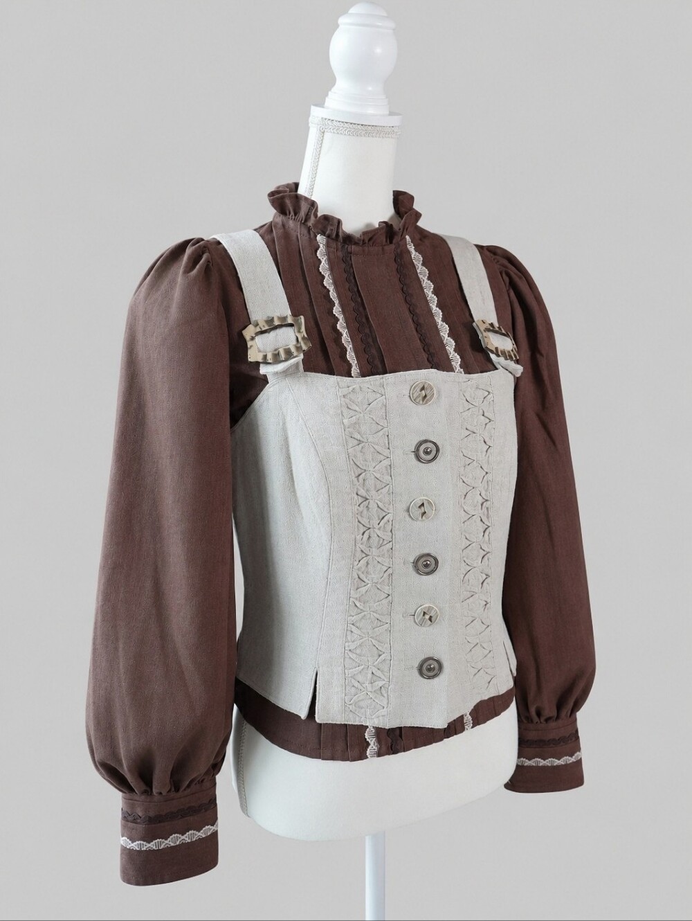 Vintage Brown Cotton Blouse with Puff Sleeves and Vest, Dirndl, Folk, Renfaire